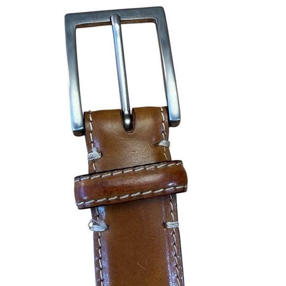 Peter Elliot Tan Leather Belt 34” Silver-Tone Brass Buckle Contrast Stitch Italy - Picture 3 of 16